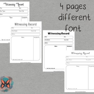 4 JW Printable Letter Writing Telephone Witnessing Record Sheets.  Instant Download