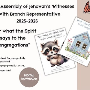 Puede incluir: Dos cuadernos de actividades con el texto "Hear What the Spirit Says to the Congregations" y una ilustración de mapache. Los cuadernos son para niños más pequeños, de 3 a 6 años, con un total de 21 páginas. La imagen también incluye texto sobre la Asamblea de Circuito de los Testigos de Jehová.