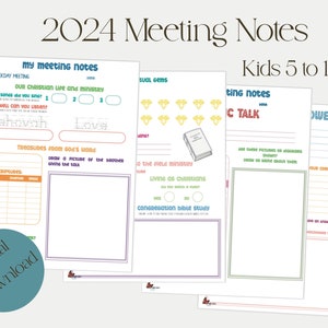 Könnte beinhalten: Druckbare Meeting-Notizen für Kinder im Alter von 5 bis 12 Jahren. Die Notizen beinhalten Abschnitte für "Unser christliches Leben und unser Dienst", "Schätze aus Gottes Wort", "Visuelle Edelsteine", "In den Felddienst", "Leben als Christen", "Bibelstudium der Versammlung", "Öffentlicher Vortrag" und "Kraft".