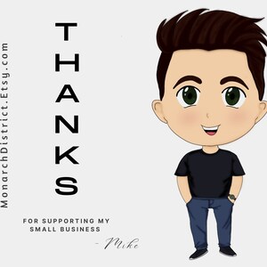 Pode incluir: Uma ilustra&ccedil;&atilde;o de desenho animado de uma pessoa com cabelo castanho, uma camisa preta, cal&ccedil;as de ganga azuis e um rel&oacute;gio. O texto "THANKS" est&aacute; escrito verticalmente em preto sobre um fundo branco. O texto "FOR SUPPORTING MY SMALL BUSINESS - Mike" est&aacute; escrito abaixo do texto vertical.