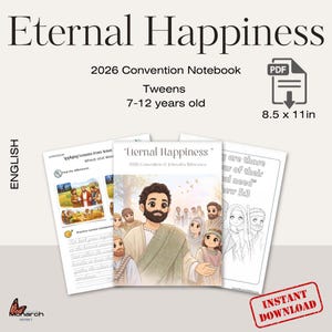 Puede incluir: Un conjunto de cuadernos titulados "Eternal Happiness" para la Convención de 2026, diseñados para preadolescentes de 7 a 12 años. Los cuadernos miden 21,6 x 27,9 cm e incluyen ilustraciones. También se ve el texto "Descarga instantánea".