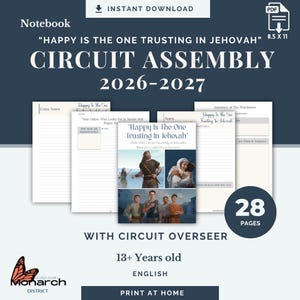 Puede incluir: Un cuaderno digital de 28 páginas para la asamblea de circuito 2026-2027, titulado Happy Is The One Trusting In Jehovah. El documento imprimible de 21,6 x 27,9 cm incluye páginas rayadas, secciones de notas e ilustraciones de figuras bíblicas.