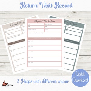 Return Visit Record Sheets, JW, 3 Colours. JW stationary