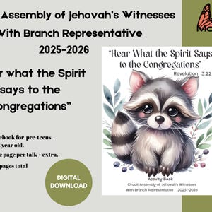 Puede incluir: Libro de actividades digital para la Asamblea de Circuito de los Testigos de Jehová, 2025-2026. Ilustración de un mapache. Incluye el texto "Oigan lo que el Espíritu dice a las congregaciones". Para preadolescentes, 7-12 años.