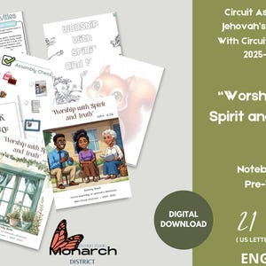 May include: A collection of activity books and notebooks with the theme "Worship with Spirit and Truth". The notebooks are designed for pre-teens and include illustrations and text. The cover features illustrations of people and nature.