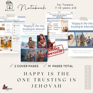 May include: A digital notebook for tweens aged 7-12, measuring 8.5 x 11 inches. The pages feature illustrations of biblical figures, "Find & Seek" activities, and the text "Happy Is The One Trusting In Jehovah" for the 2026-2027 Circuit Assembly.