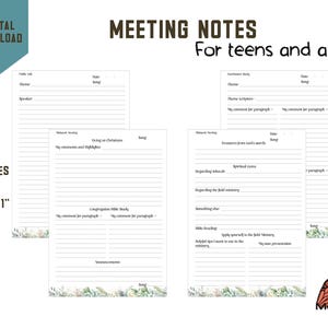 May include: Digital download of meeting notes for teens and adults. Includes PDF files in 8.5 x 11 inch and A4 sizes. The pages have lines for notes and include the text "Print at home".