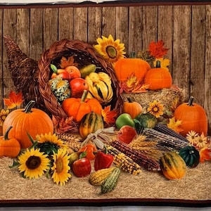 May include: A cornucopia overflowing with fall harvest bounty, including pumpkins, gourds, apples, corn, and sunflowers, set against a rustic wooden backdrop.