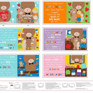 May include: A colorful fabric panel with illustrations of three bears and a girl named Goldilocks. The panel features text from the story "Goldilocks and the Three Bears".