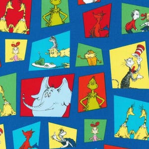 May include: A blue fabric with a repeating pattern of colorful squares featuring characters from the book "The Cat in the Hat". The characters include the Cat in the Hat, Thing 1, Thing 2, the Grinch, and the Lorax.