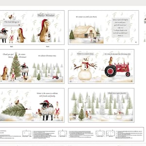 May include: A fabric panel featuring winter-themed illustrations. The panel includes images of a barn, snowman, Christmas tree, and animals wearing winter attire. Text includes "Hello Winter" and Bible verses. The overall color palette is soft and inviting.
