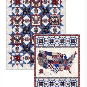 May include: Two quilts with patriotic themes. One features a grid of stars and eagle motifs in red, white, and blue. The other quilt depicts a map of the United States, also in red, white, and blue patchwork. The text "United Stars" is at the top.