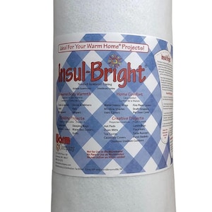 May include: A roll of Insul-Bright needled insulated lining. The label features text and a blue and white checkered pattern. It is designed for home projects, including bedding, home comfort, and creative projects.