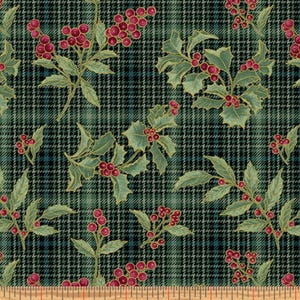 A Festive Medley by Jackie Robinson for Benartex- 13185M-44  Holly, Berries,Green Plaid & Metallic Gold Accents. SOLD In 1/2 YAD INCREMENTS