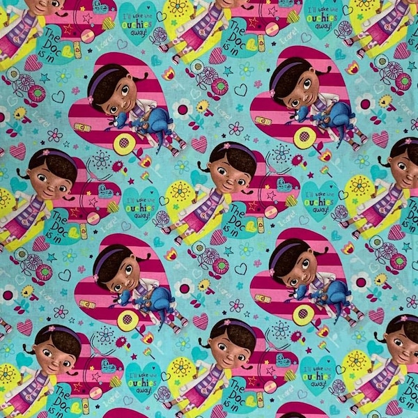 Doc McStuffins The Doc Is In Disney Blue Coordinating Cotton Fabric. SOLD IN 1/2 YARD increments.