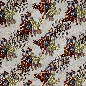 Avengers Assemble Cotton Fabric. Iron Man, Captain America, Hulk, Falcon, Vision. SOLD IN 1/2 YARD increments.