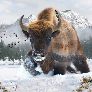 Llamada de lo Salvaje BISON W5376-555 - Panel de impresión digital Hoffman Spectrum de 107,6 x 74,5 cm. Paisaje montañoso con aves al fondo.