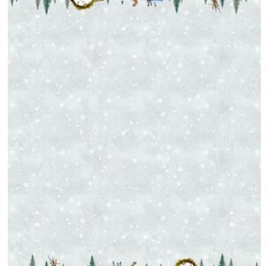 May include: A winter scene with a snowman, squirrels, and a blue truck. The background is a light gray with white snowflakes. The squirrels are carrying pine branches and a wreath. The truck is carrying a Christmas tree.