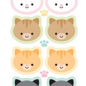 May include: Sheet of stickers featuring cute cartoon cat faces in various colors: white with pink, brown, orange, and gray. Each cat face has a smiling expression and is surrounded by a colored border. The text "pretty kitty" is at the top.