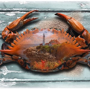 Crab Cakes - A Hoffman Scenic Spectrum Digital Panel U5028-5 Red. Light house and shoreline scene inside Red Crab! 33 1/2 by 43 1/2 inches