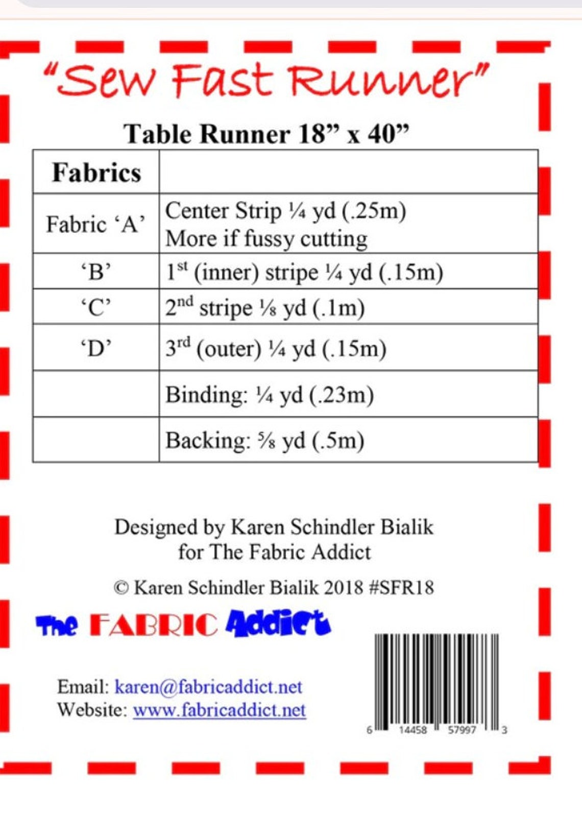 Sew Fast Runner Table Runner Pattern by the Fabric Addict 18' X 40 ...