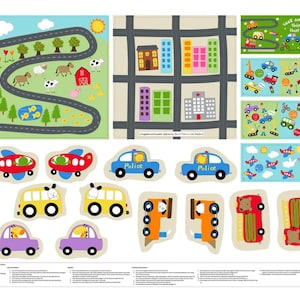 May include: A colorful felt playmat with a city scene, a farm scene, and a road with cars, airplanes, and buses. The playmat includes a variety of felt pieces that can be used to create different scenes. The playmat is designed to help children learn about different vehicles and locations. "Seek and find things that go!"