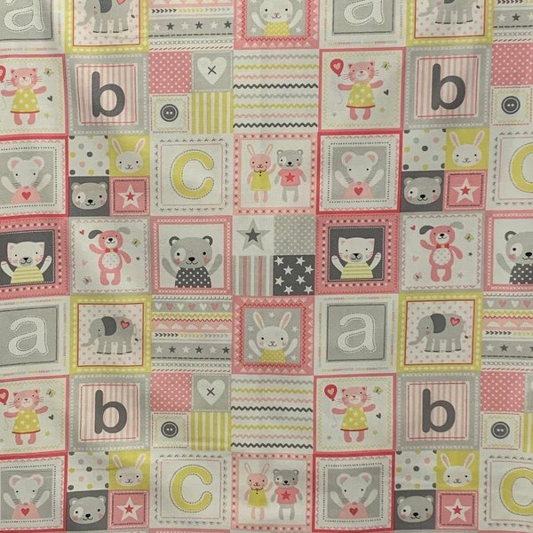 ABC's Patchwork Coordinating Cotton Fabric CX8546 by Michael Miller.  Coordinates with Cuddly Cat Fabric Panel. SOLD by 1/2 YARD increments.