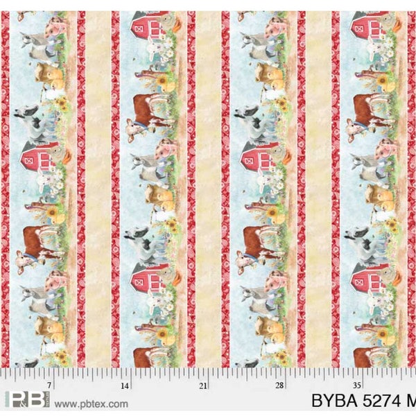 Barnyard Babies Farm Border Fabric by Clint Eagar for P&B Textiles 05274 MU Stripe border with barnyard scene!  SOLD in 1/2 YARD increments.