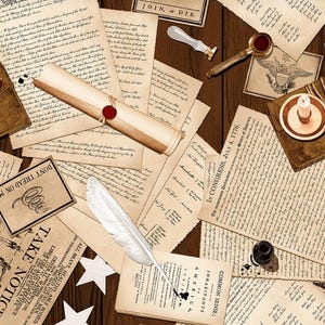 May include: An assortment of historical documents, including handwritten letters, scrolls, and printed declarations, are arranged on a wooden surface. A quill pen, inkwell, and wax seal are also present, evoking a sense of history and heritage.