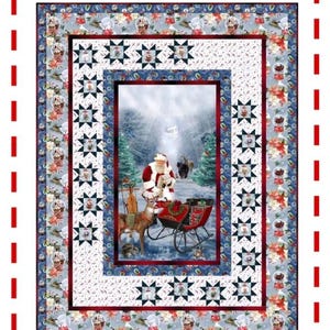 May include: A Christmas-themed quilt panel with a central image of Santa Claus with a reindeer and sleigh. The panel features star patterns and floral borders. The text "Easy Star Panel" and "Throw/Twin size 60" x 78"" are displayed.
