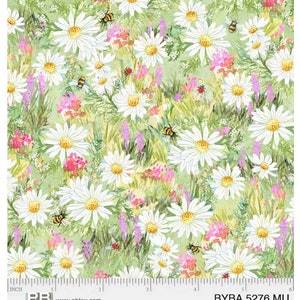 May include: A green and white floral fabric with a repeating pattern of white daisies, pink flowers, and yellow bees. The fabric has a scale ruler in inches at the bottom with the text "BYBA 5276 MU" and "www.pbbtex.com".