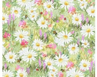 Barnyard Babies - Wildflower Patch by Clint Eagar for P & B Textiles 05276 MU. Green with Daisies and Bees!   SOLD in 1/2 YARD increments.