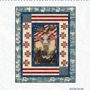 May include: A patriotic quilt pattern titled "Land of Liberty" featuring a central image of the signing of the Declaration of Independence, surrounded by the American flag, stars, and historical illustrations. The quilt design is framed with a blue border.