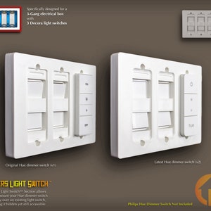 May include: White plastic cover for a 3-gang electrical box with three Decora light switches. The cover is designed to fit over a Philips Hue dimmer switch, keeping the switch hidden but still accessible. The image shows two versions of the Hue dimmer switch, one older and one newer.