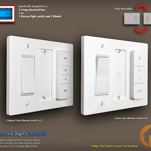 May include: Two white wall plates with different versions of a Philips Hue dimmer switch. The left plate shows the original version (v1) with a toggle switch and a button panel. The right plate shows the latest version (v2) with a toggle switch and a remote control panel. Both plates are designed to fit a 3-gang electrical box with one Decora light switch and two blanks.