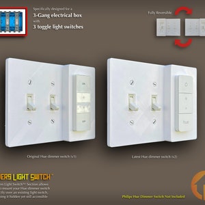 Philips Hue Dimmer Switch 3D-Printed 3-Gang Reversible Toggle WALL PLATE - Covers Light Switch - (3g.cvr t-t-ds)