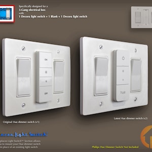 May include: Two white light switch plates with a dimmer switch and a standard light switch. The left plate shows the original Hue dimmer switch (v1) and the right plate shows the latest Hue dimmer switch (v2). The text "Replaces Light Switch™" is visible below the plates.