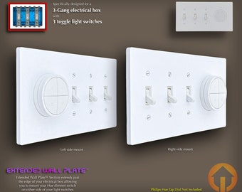 3-Gang Philips Hue Tap Switch (Tap Dial) Toggle Extended Wall Plate: 3D-Printed, White or Black