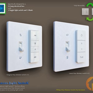 Philips Hue Dimmer Switch 3D-Printed 2-Gang Reversible Toggle WALL PLATE - Replaces Light Switch - (2g.rep t-ds)