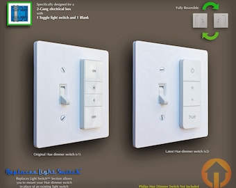 May include: Two white wall plates with light switches. The left plate has a traditional toggle switch and a Hue dimmer switch with buttons for on, off, and brightness control. The right plate has a traditional toggle switch and a newer Hue dimmer switch with a touch-sensitive surface and the word "hue" printed on it. The text "Fully Reversible" is printed above the plates. The text "Replaces Light Switch™ Section allows you to mount your Hue dimmer switch in place of an existing light switch" is printed below the plates.