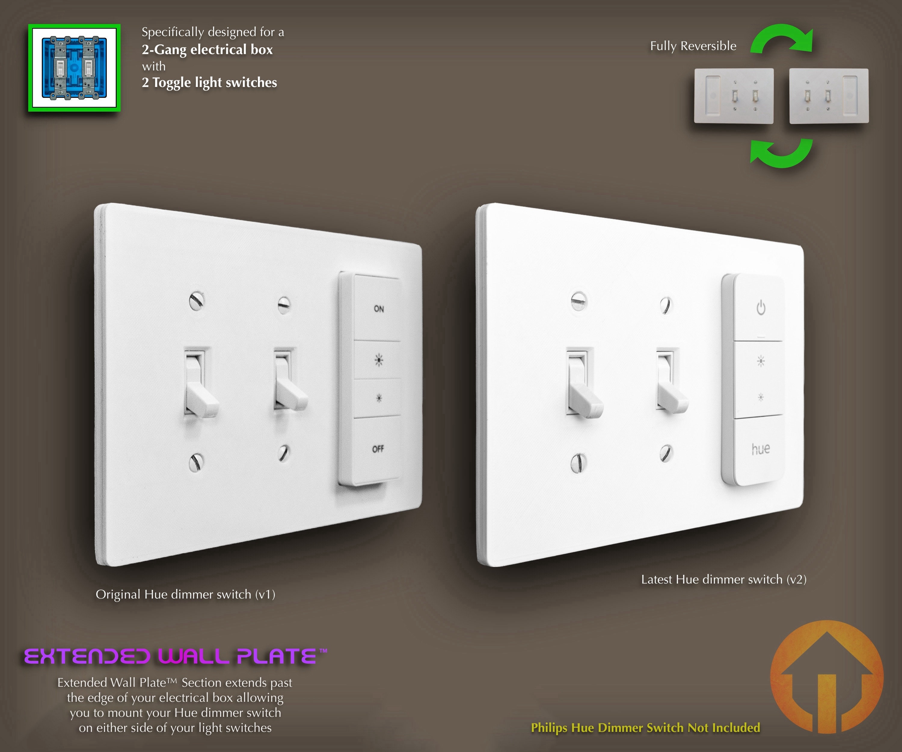 2-gang Philips Hue Dimmer Switch Toggle Extended Wall Plate: 3d
