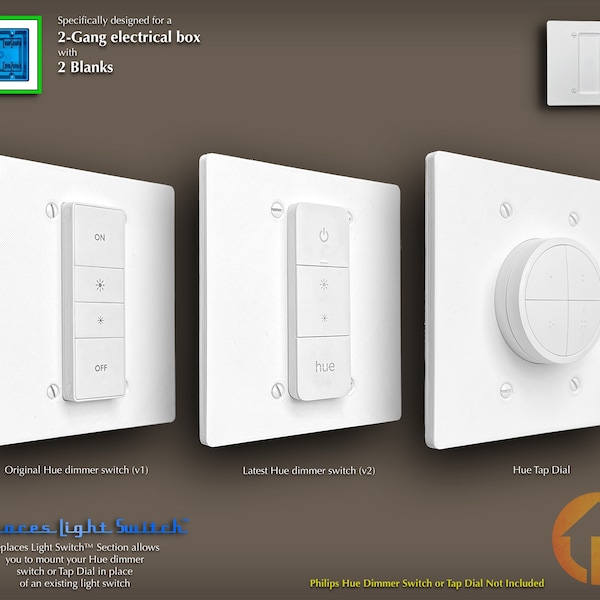 2-Gang Philips Hue Dimmer Switch, Tap Switch (Tap Dial) Wall Plate: 3D-Printed, Replaces Light Switch