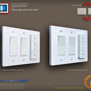 Philips Hue Dimmer Switch 3D-Printed 3-Gang Reversible Decora WALL PLATE - Replaces Light Switch - (3g.rep d-d-ds)