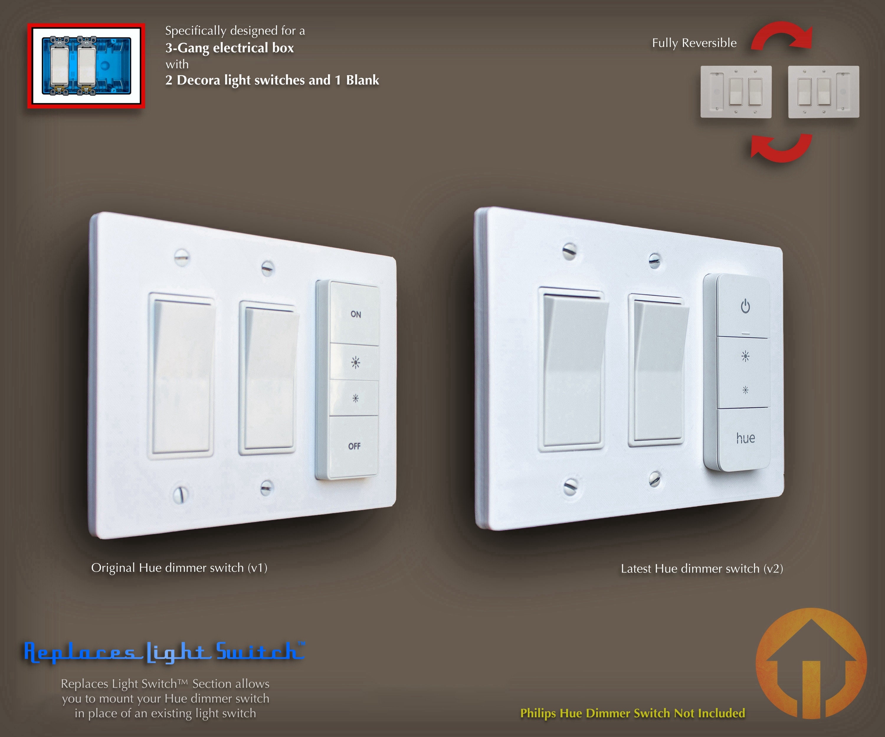 Philips Hue Dimmer Switch 3d printed 3 gang Reversible Decora WALL