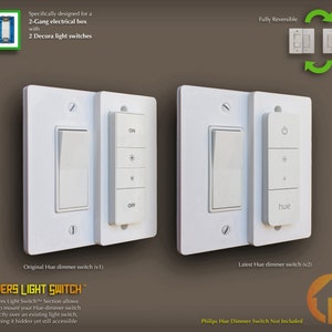 Philips Hue Dimmer Switch 3D-Printed 2-Gang Reversible Decora WALL PLATE - Covers Light Switch - (2g.cvr d-ds)