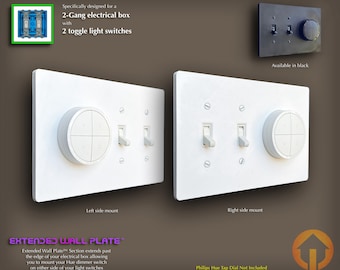 2-Gang Philips Hue Tap Switch (Tap Dial) Toggle Extended Wall Plate: 3D-Printed, White or Black