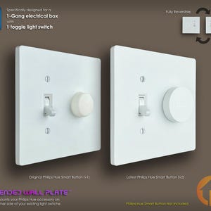 May include: Two white electrical wall plates with toggle light switches and smart buttons. The text reads "Specifically designed for a 1-Gang electrical box with 1 toggle light switch." The text also reads "Extended Wall Plate" and "Fully Reversible."