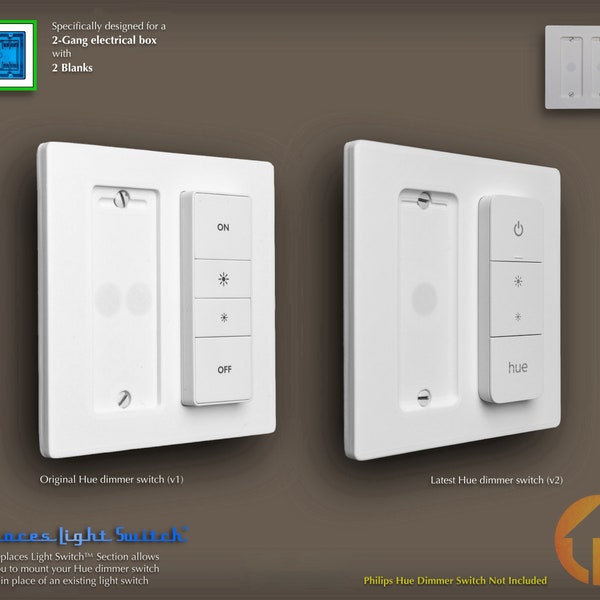 Philips Hue Dimmer Switch 3D-Printed 2-Gang WALL PLATE - Replaces Light Switch - (2g.rep hue-hue)