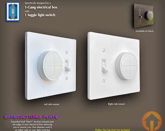 May include: White wall plate with a single toggle light switch and a round, white dimmer switch. The plate is designed to extend past the edge of a standard electrical box, allowing for a flush mount on either side of the switch.