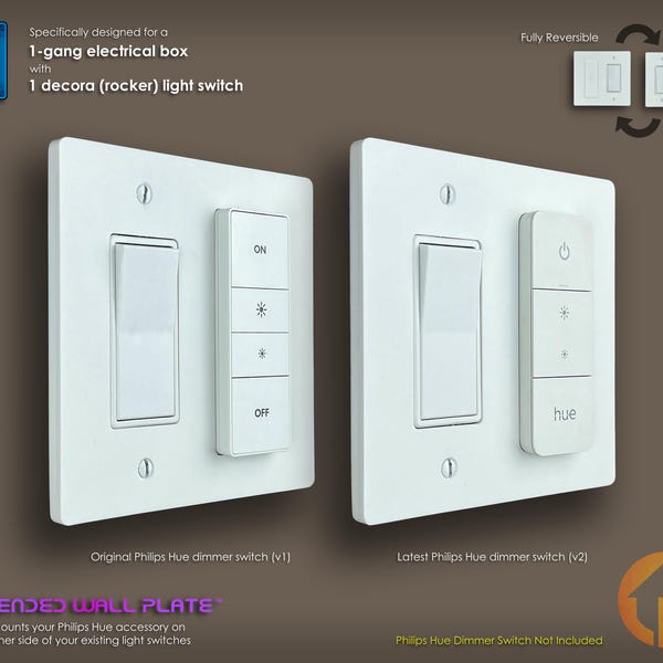 1-Gang Philips Hue Dimmer Switch Decora Extended Wall Plate: 3D-Printed, Reversible